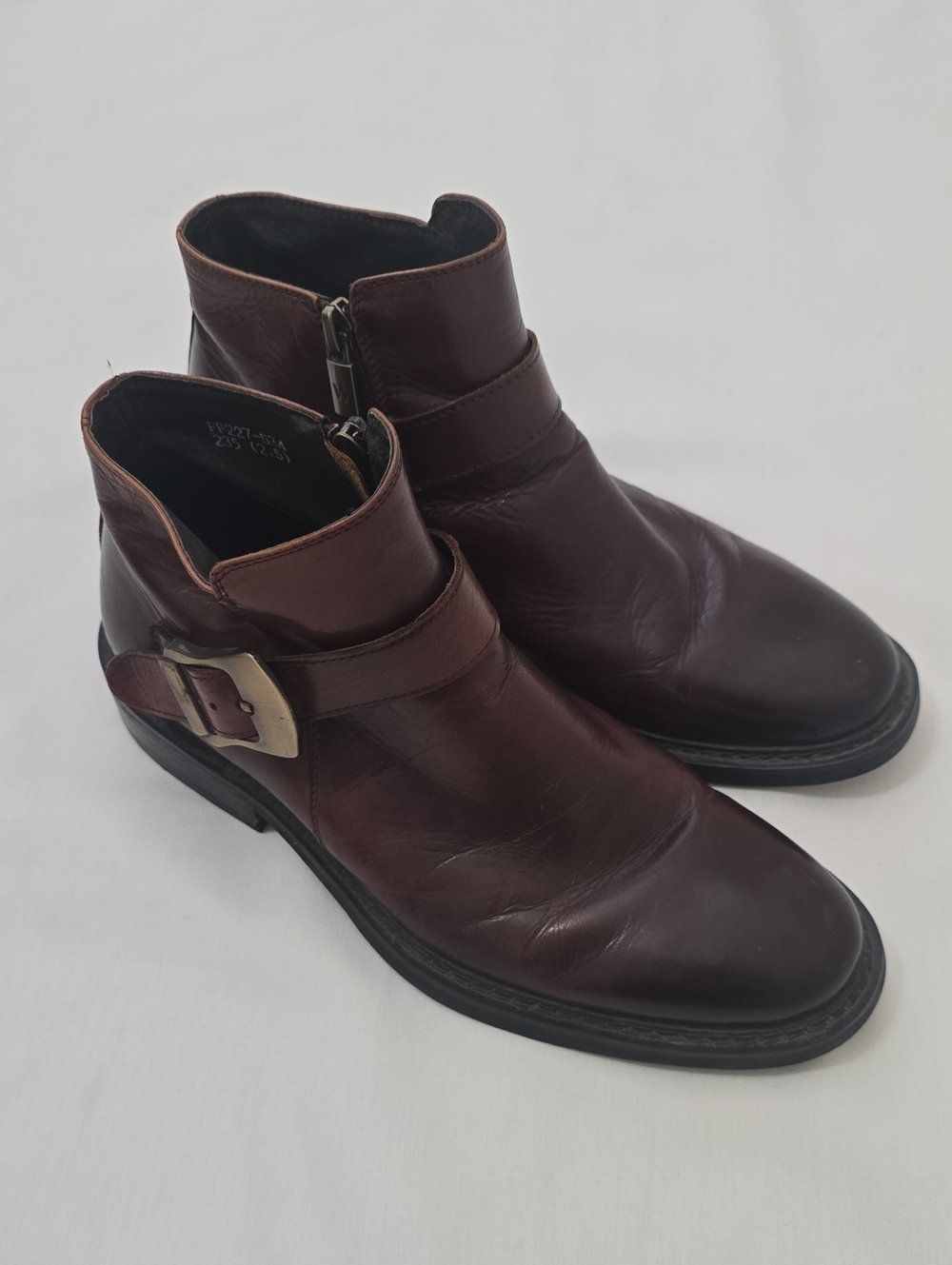 Woufu Men's Brown Leather Ankle Boots with Side Buckle